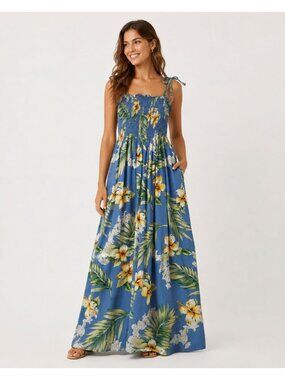 Two Palms Floral Sun Dress W/Smocked Bodice & Adjustable Straps  Blue/Yellow O/S